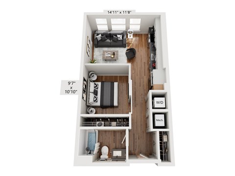 A top down view of a small apartment with a bedroom, bathroom and kitchen.